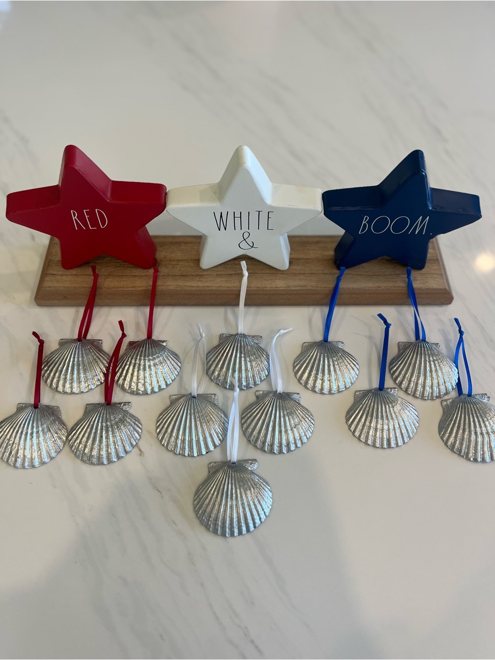 12 Silver Scallop Shells with Red, White & Blue Ribbon - July 4th Decorations